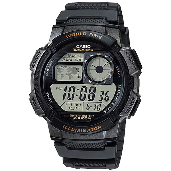 Casio Men’s Black Digital World Time Resin Sport Wristwatch - AE-1000W-1AVCF