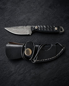 Titan "Shadow Scale" Damascus Hunting Knife | Drop-Point Blade | Carved Black Micarta Handle | Black Leather Sheath TK-516