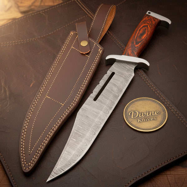Slotted Blade Damascus Rambo Bowie Knife with Cut-Through Steel Blade